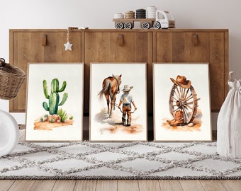 Set med 3 western cowboy-tryck, kaktus, cowboy, hästhjul, barnrumstryck, akvarell väggkonst, pojkrumsinredning, lekrum, utskrivbar konst