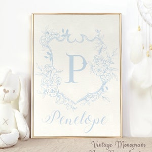 Personalized Vintage Monogram Print Nursery Decor Baby Initial Vintage Crest Custom Name Print Personalized Initial PRINTABLE Wall Art