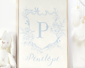 Personalized Vintage Monogram Print Nursery Decor Baby Initial Vintage Crest Custom Name Print Personalized Initial PRINTABLE Wall Art