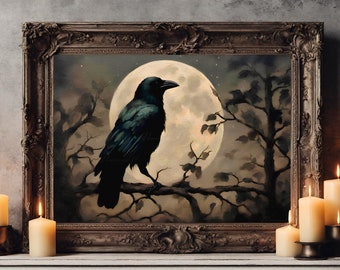 May include: A framed painting depicts a black raven perched on a branch against a full moon. The artwork is in a dark, gothic style, with a detailed ornate frame. Lit candles in brass holders flank the painting, creating a moody ambiance.