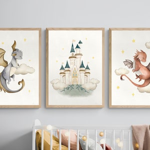 Dragon Prints Castle Print Fairytale Nursery Decor Dragon Kids Room Mythical Creatures Fantasy Nursery Wall Art Baby Gift Set PRINTABLES