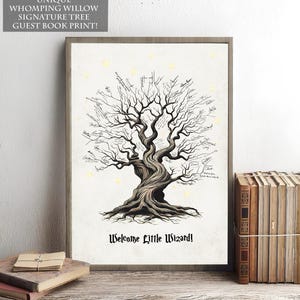 May include: A black and white illustration of a gnarled tree with branches filled with signatures. The tree is surrounded by small yellow stars. The text "Welcome Little Wizard!" is at the bottom of the image.