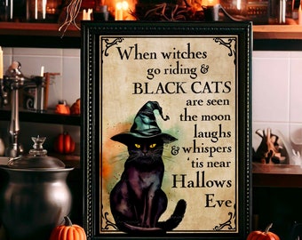 Black Cat Print Cat in Witch Hat Poster Cat Art Halloween Decor Vintage Halloween Print Witch Decor Dark Academia Printable Wall Art #204