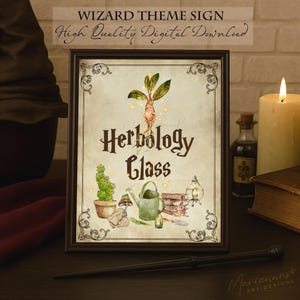 May include: A framed print with the text "Herbology Class" and "Wizard Theme Sign." The artwork features illustrations of a mandrake, cactus, watering can, and books. The print is set on a dark wooden surface with a lit candle and a wand.