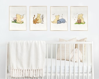 Winnie Puuh Kinderzimmerbilder, 4er-Set, Wanddeko fürs Spielzimmer, geschlechtsneutral, zum Ausdrucken