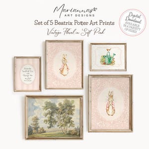 May include: A set of five framed Beatrix Potter art prints. The prints feature vintage floral designs in soft pink, including illustrations of rabbits and landscapes. The text "Even the Smallest Can Change the World!" is visible.