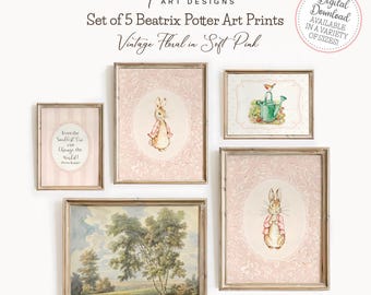 Stampe di Peter Rabbit Stampe vintage per la cameretta di Peter Rabbit Flopsy Bunny Arte di Beatrix Potter Set di 5 stampe vintage di fiabe floreali rosa STAMPABILI