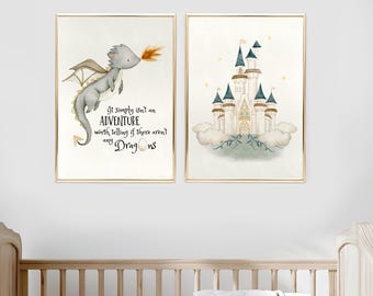Drachen Druck Schloss Abenteuer Märchenbuch Kinderzimmer Dekor Mythischer Drache Kinderzimmer Fantasy Wand Kunst Geschenk 2 PRINTABLES