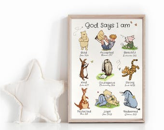 Impresión cristiana de Winnie the Pooh, impresión clásica de Winnie the Pooh para guardería, impresión de versículos bíblicos, póster de afirmación "Yo soy", arte de pared imprimible para habitación infantil