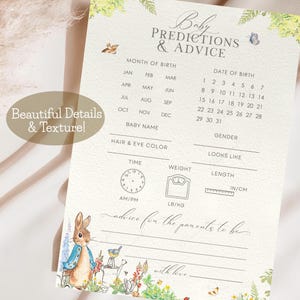 May include: A printable baby shower game card with a green and yellow floral border. The card has a section for guests to write predictions about the baby, including the month and date of birth, gender, hair and eye colour, time of birth, weight, and length. The card also has a section for guests to write advice for the parents. The card features a cute illustration of a rabbit.