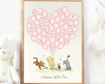 Winnie the Pooh Baby Shower Signature Guest Book 55 Pink Balloons Classic Winnie and Friends Baby Shower Alternative Guest Book PRINTABLE