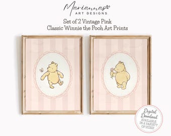 Winnie the Pooh Nursery Decor Classic Winnie the Pooh Prints Set of 2 Vintage Pink Pooh Bear Art Prints PRINTABLE Wall Art Digital Download