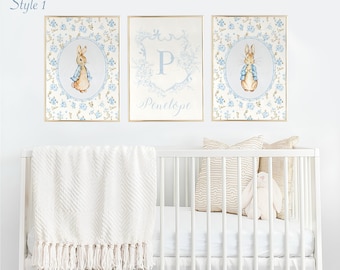 Personalized Peter Rabbit Nursery Decor Monogram Vintage Baby Blue Peter Rabbit Prints Beatrix Potter Baby Initial PRINTABLE Wall Art