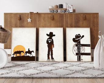 Juego de 3 impresiones personalizadas de vaqueros del oeste. Decoración de guardería con temática de vaqueros. Póster del oeste. Póster rústico de vaquero. IMPRIMIBLES.