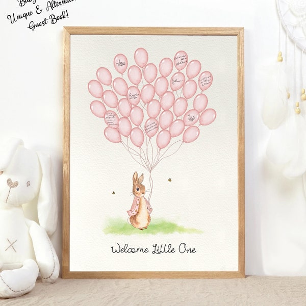 Peter Rabbit Baby Shower Signature Guest Book Print Pink Balloons Flopsy Bunny Girls Baby Shower Alternative Guest Book PRINTABLE #148