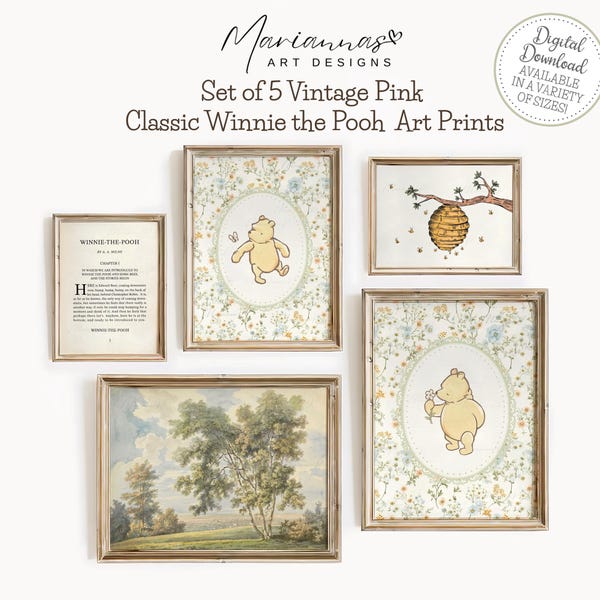 Impresiones clásicas de Winnie the Pooh, impresión de Winnie the Pooh, género neutro, decoración vintage para guardería, regalo para baby shower, juego de 5, arte de pared IMPRIMIBLE de Winnie the Pooh