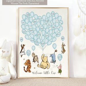 Klassisches Baby Shower Signature Gästebuch Winnie Puuh 61 Blaue Luftballons Winnie und Friends Baby Shower Alternative Printable