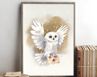 Snowy Owl Print Wizard Poster Wizard Print Wizarding Nursery Decor Watercolor Nursery Magic School Kids Room Decor PRINTABLE Wall Art