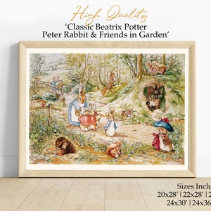 Op de afbeelding: Een ingelijste print met een klassieke illustratie van Peter Konijn en vrienden in een tuin. Het kunstwerk toont een gedetailleerde, kleurrijke scène met verschillende dierenfiguren in een natuurlijke omgeving. De tekst bevat "High Quality" en "Classic Beatrix Potter".