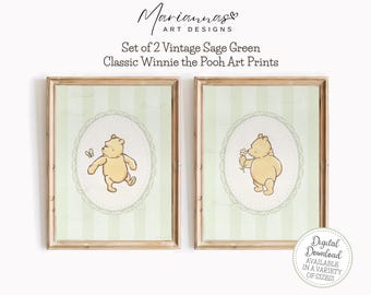 Winnie the Pooh Kinderzimmer Dekor Classic Winnie the Pooh Prints Set of 2 Vintage Sage Green Pooh Bär Prints Gender Neutral DRUCKBARE Wandkunst