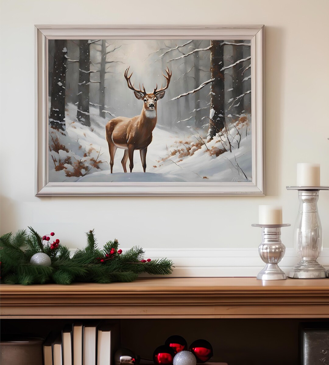 Deer Snowy Forest Landscape Vintage Art Print Winter Landscape ...