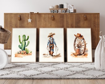 Cowboy Prints Western Nursery Prints Country Prints Cactus Cowboy Wheel Watercolor Art Boys Room Art Playroom Art Prints Set of 3 PRINTABLE