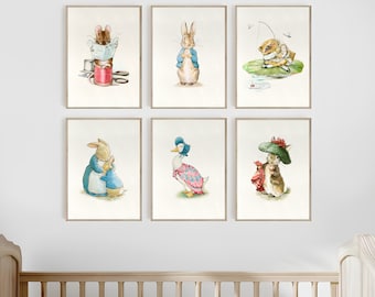 Láminas de Peter Rabbit, láminas infantiles de Beatrix Potter, láminas minimalistas de Peter Rabbit, personajes vintage de Beatrix Potter, juego de 6 piezas de arte IMPRIMIBLE
