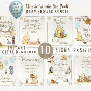 10 Winnie the Pooh Baby Shower Party Sign Bundle Classic Winnie the Pooh Table Signs Set Blue Baby Shower PRINTABLE Decor Digital Download