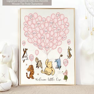Livre d&#39;or Signature pour baby shower Winnie l&#39;ourson 61 ballons roses Livre d&#39;or alternatif pour baby shower Winnie l&#39;ourson classique à imprimer