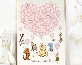 Winnie de Poeh baby shower handtekening gastenboek 61 roze ballonnen klassieke Winnie en vrienden baby shower alternatief gastenboek AFDRUKBAAR