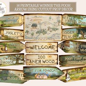 Conjunto de 14 placas do Ursinho Pooh, 100 placas de madeira Aker, decoração clássica para chá de bebê e festa de aniversário, placas de seta recortadas para impressão