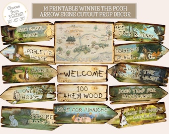 Set of 14 Winnie the Pooh Signs 100 Aker Wood Map Classic Winnie the Pooh Baby Shower Birthday Party Decor CutOut Prop Arrow Signs PRINTABLE