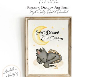 Stampa di drago, stampa di drago addormentato, decorazione per cameretta dei bambini, cameretta fantasy, creature mitiche, cameretta delle fiabe, regalo per neonati, arte murale STAMPABILE