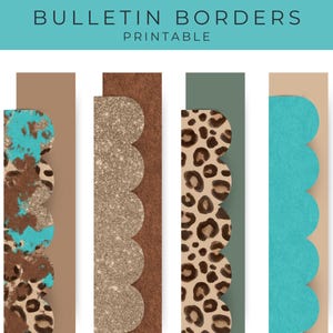 Puede incluir: Cinco bordes de tablón de anuncios imprimibles. Los bordes presentan una variedad de patrones, incluyendo estampado de leopardo, purpurina y un diseño abstracto azul verdoso y marrón. Todos los bordes son festoneados.