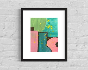 May include: Abstract painting with geometric shapes in pink, green, blue, and black. Yellow paint splatters are scattered throughout the painting.