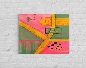 May include: Abstract painting with a pink background, green and yellow geometric shapes, and black and yellow dots.
