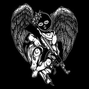 May include: A black and white graphic illustration of a cherub with large feathered wings, wearing a balaclava with flowers on the head, and holding an assault rifle. The text VFG is on the mask and the text @SPADE.INK is at the bottom.