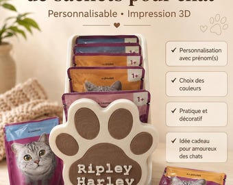 Personalized Cat Food Pouch Dispenser – 3D Printed Food Storage – Name & Colors of Your Choice – Cat Gift