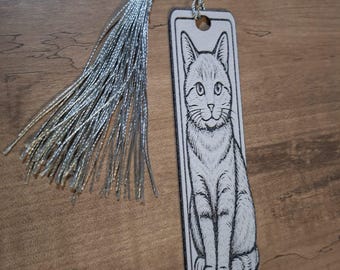 Sitting cat bookmark with silver tassel, gift for animal-loving readers