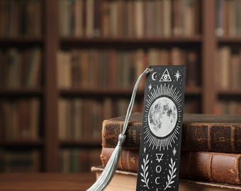 Black mystical moon bookmark with tassel, esoteric witchy gift for reader