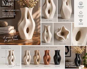 Organic Vase STL + 3MF | Biomorphic Sculptural Vase | Modern 3D Print File | Wavy Home Decor | FDM Printable Vase