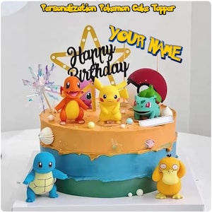 May include: A multi-tiered cake decorated with a variety of Pokemon characters, including Pikachu, Bulbasaur, Charmander, and Squirtle. The cake is topped with a gold star and the words "Happy Birthday" and "YOUR NAME".