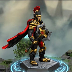 May include: A miniature figurine of a warrior wearing red and gold armor, a black cape, and a helmet with a red plume. The warrior is holding a large axe with a red eye design.