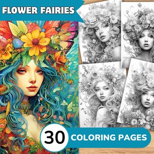 Flower Fairy Coloring Pages Book, Flower Fairy Grayscale Coloring Book, Fairy Coloring Grayscale, Fairy Coloring Digital