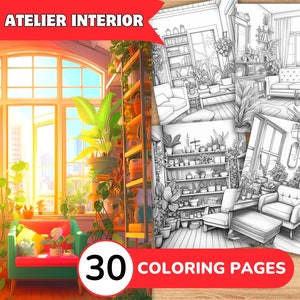 Interior Coloring Pages Book, Interior Design Grayscale Coloring Book, Interior Room Coloring Template Grayscale, Realistic Coloring Pages