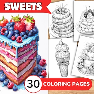 Sweet Coloring Pages Book, Sweet Grayscale Coloring Book, Sweet Coloring Grayscale, Food Coloring Digital, Cake Coloring