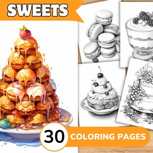 Sweet Coloring Pages Book, Sweet Grayscale Coloring Book, Sweet Coloring Grayscale, Food Coloring Digital, Cake Coloring
