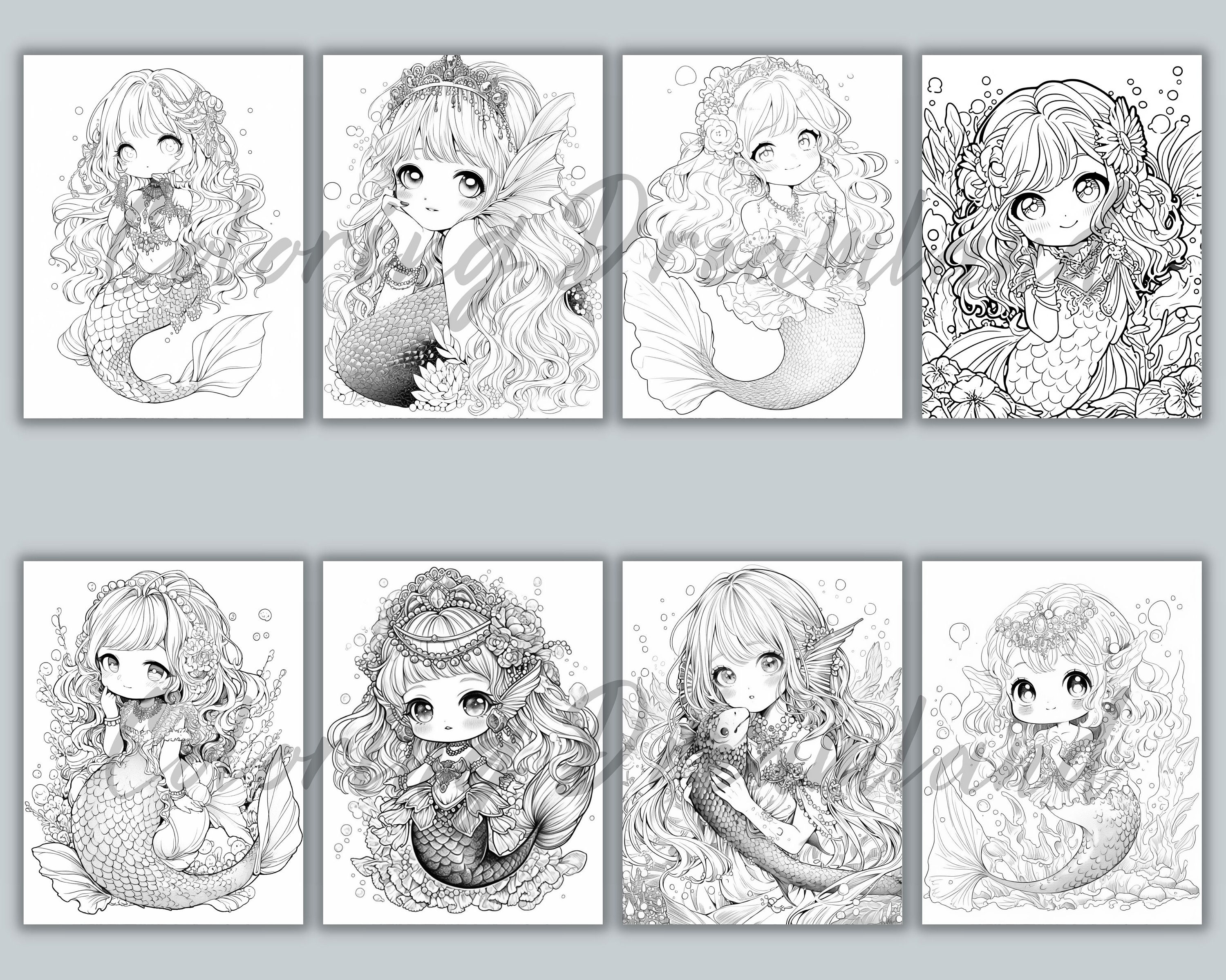 Cute Mermaid Coloring Pages Book Mermaid Grayscale Coloring - Etsy