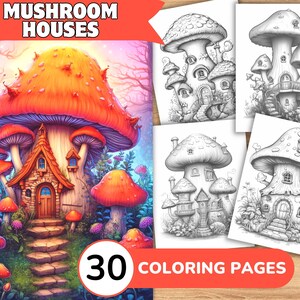 Mushroom Houses Coloring Book, Mushroom Coloring Pages, Houses Grayscale Coloring Book, Fairy Houses Coloring Pages