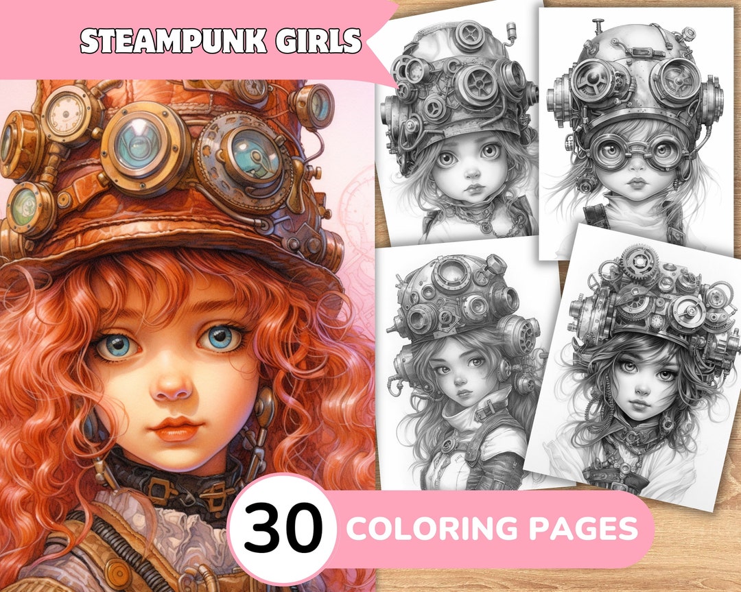 Steampunk Girls Coloring Pages Book, Steampunk Coloring Digital ...